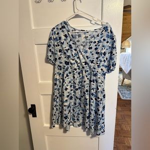 Spring faux wrap dress . Blue and white flowers.